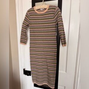 Sweet Baby Jane Striped Long Sleeve Midi Dress in Pink and Olive